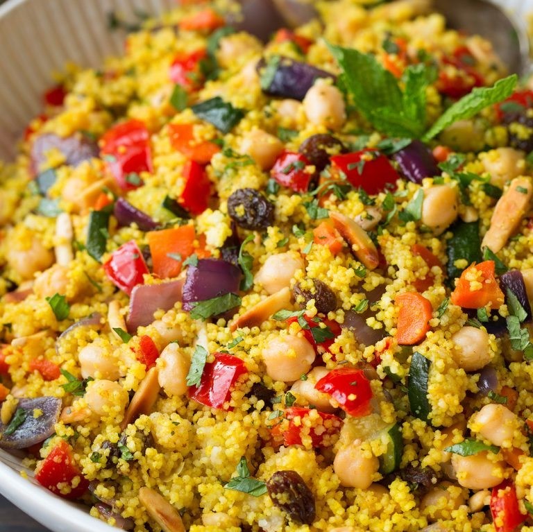You are currently viewing Moroccan Couscous with Roasted Vegetables, Chick Peas and Almonds